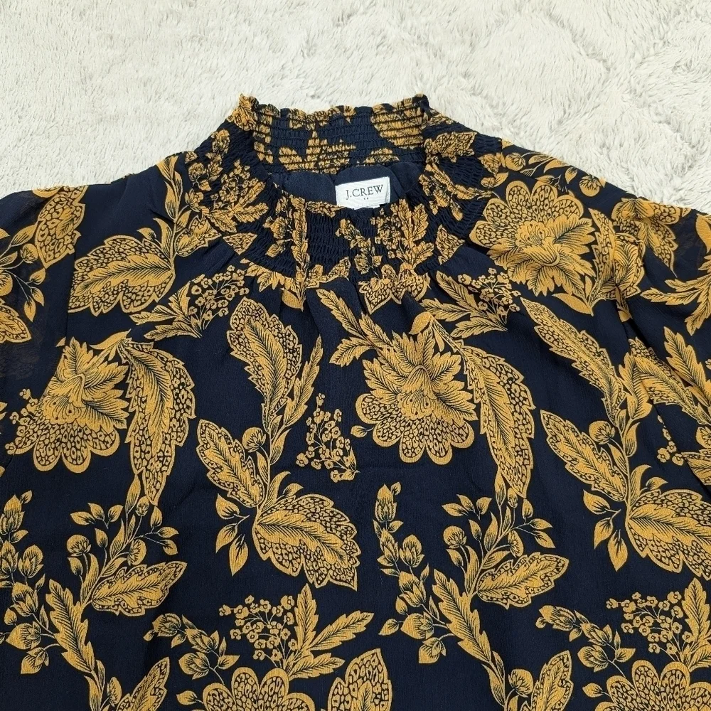 J. Crew Top Womens M Blue Navy Gold Floral Smocked Shirt Light Office Casual